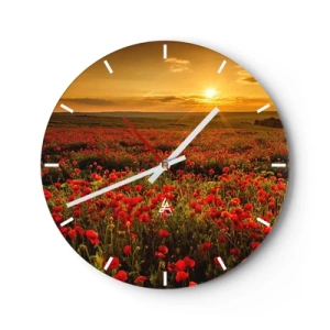 Wanduhr - Glasuhr - Ein Feld mit roten Mohnblumen bei Sonnenuntergang - 30x30cm - Unter den Wellen raschelnder Wiesen, unter den Blumen der Flut - Moderne Wanddekoration für Wohnzimmer, Küche und Schlafzimmer ARTTOR