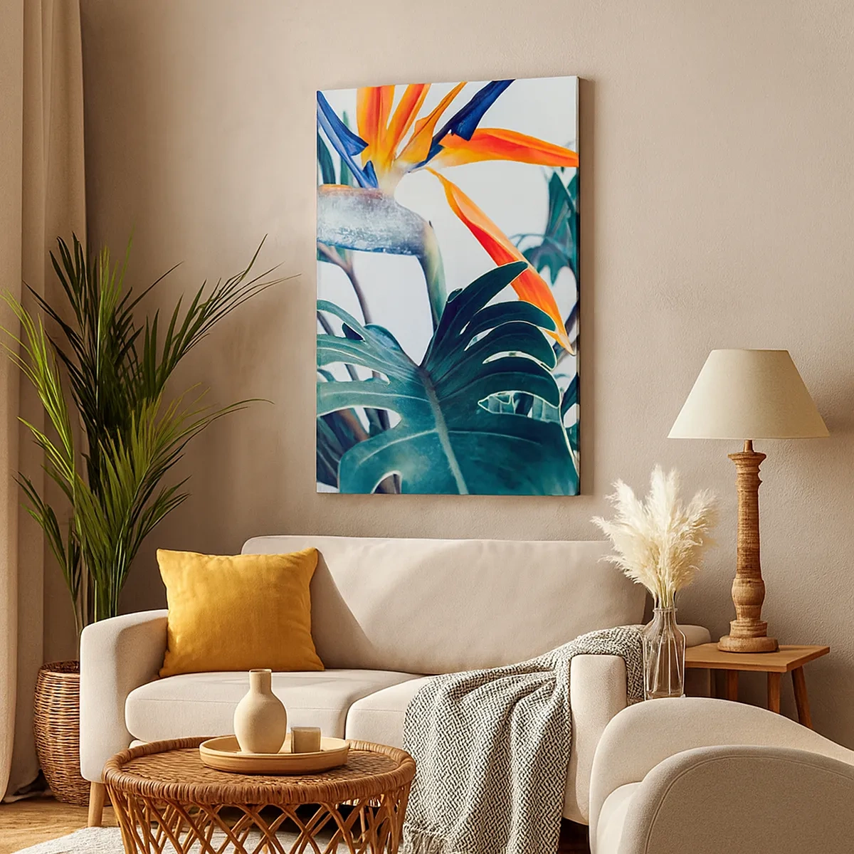 Bild auf Leinwand - Leinwandbild - Strelitzia-Blüte, umgeben von Blättern in hellem Licht - 50x70cm - Vogelbusch - Moderne Wanddekoration für Wohnzimmer und Schlafzimmer ARTTOR