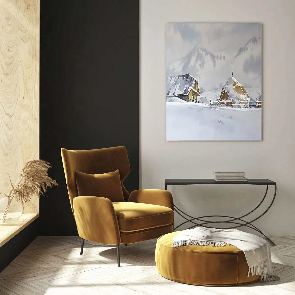 Glasbild - Bild auf glas - Winterlandschaft mit Hütte und Heuhaufen in den Bergen - 80x120cm - In einem verschneiten Talkessel - Moderne Wanddekoration für Wohnzimmer und Schlafzimmer ARTTOR