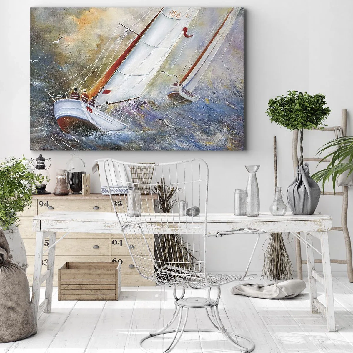 Bild auf Leinwand - Leinwandbild - Segelboote auf rauen Wellen in einer dynamischen Komposition - 70x50cm - Durch die Wellen laufend - Moderne Wanddekoration für Wohnzimmer und Schlafzimmer ARTTOR