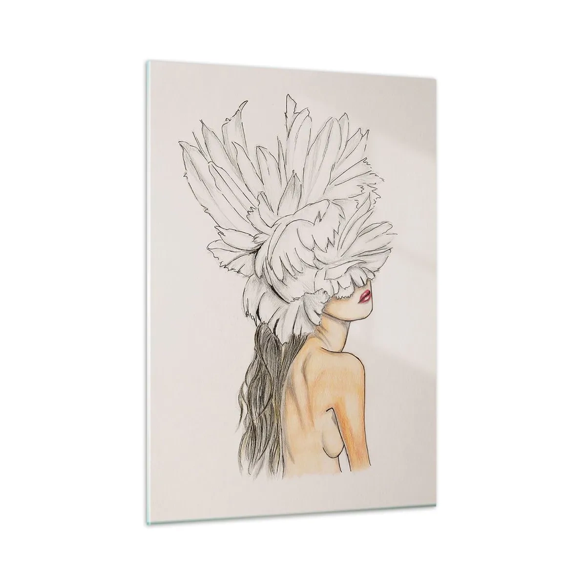 Glasbild - Bild auf glas - Eine Zeichnung einer Frau mit langen Haaren und einer Krone aus großen Federn - 50x70cm - Gekrönte Schönheit - Moderne Wanddekoration für Wohnzimmer und Schlafzimmer ARTTOR