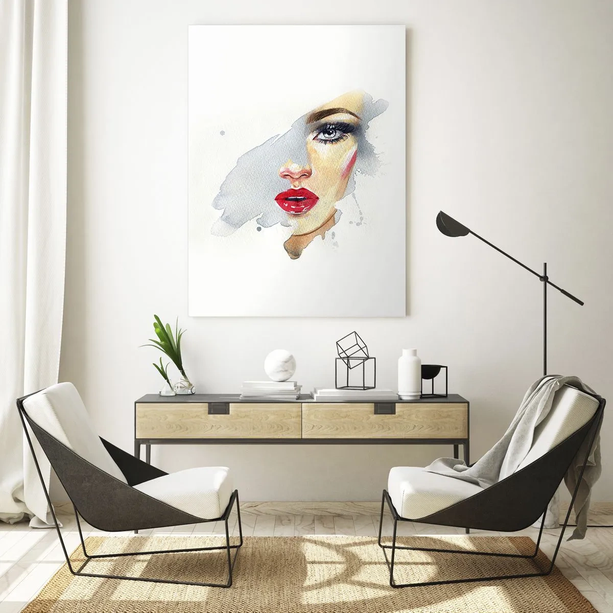Glasbild - Bild auf glas - Aquarellporträt einer Frau mit roten Lippen - 50x70cm - Abspiegeln in einem Wassertropfen - Moderne Wanddekoration für Wohnzimmer und Schlafzimmer ARTTOR