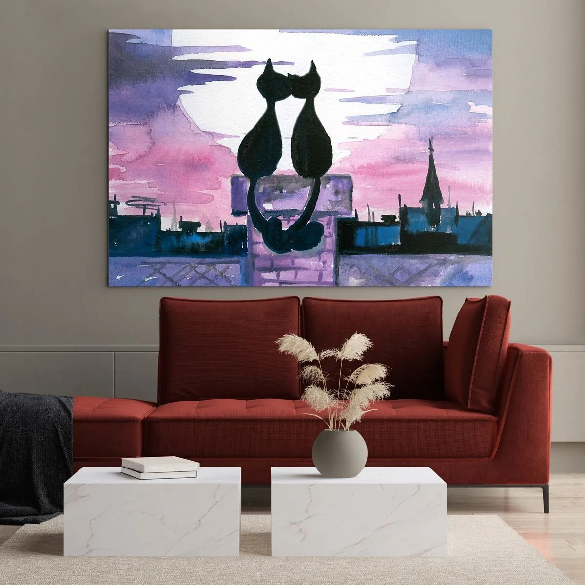 Glasbild - Bild auf glas - Silhouetten von zwei Katzen vor der untergehenden Sonne - 70x50cm - Rendez-vous unter dem Mond - Moderne Wanddekoration für Wohnzimmer und Schlafzimmer ARTTOR
