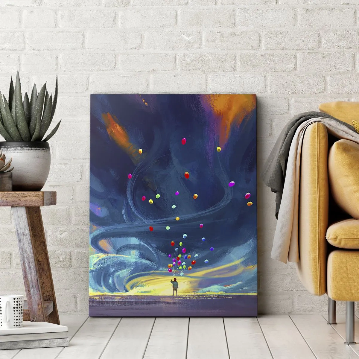 Bild auf Leinwand - Leinwandbild - Eine Figur mit Luftballons vor einem Hintergrund wirbelnder, bunter Wolken - 80x120cm - Zum blauen Wind - Moderne Wanddekoration für Wohnzimmer und Schlafzimmer ARTTOR