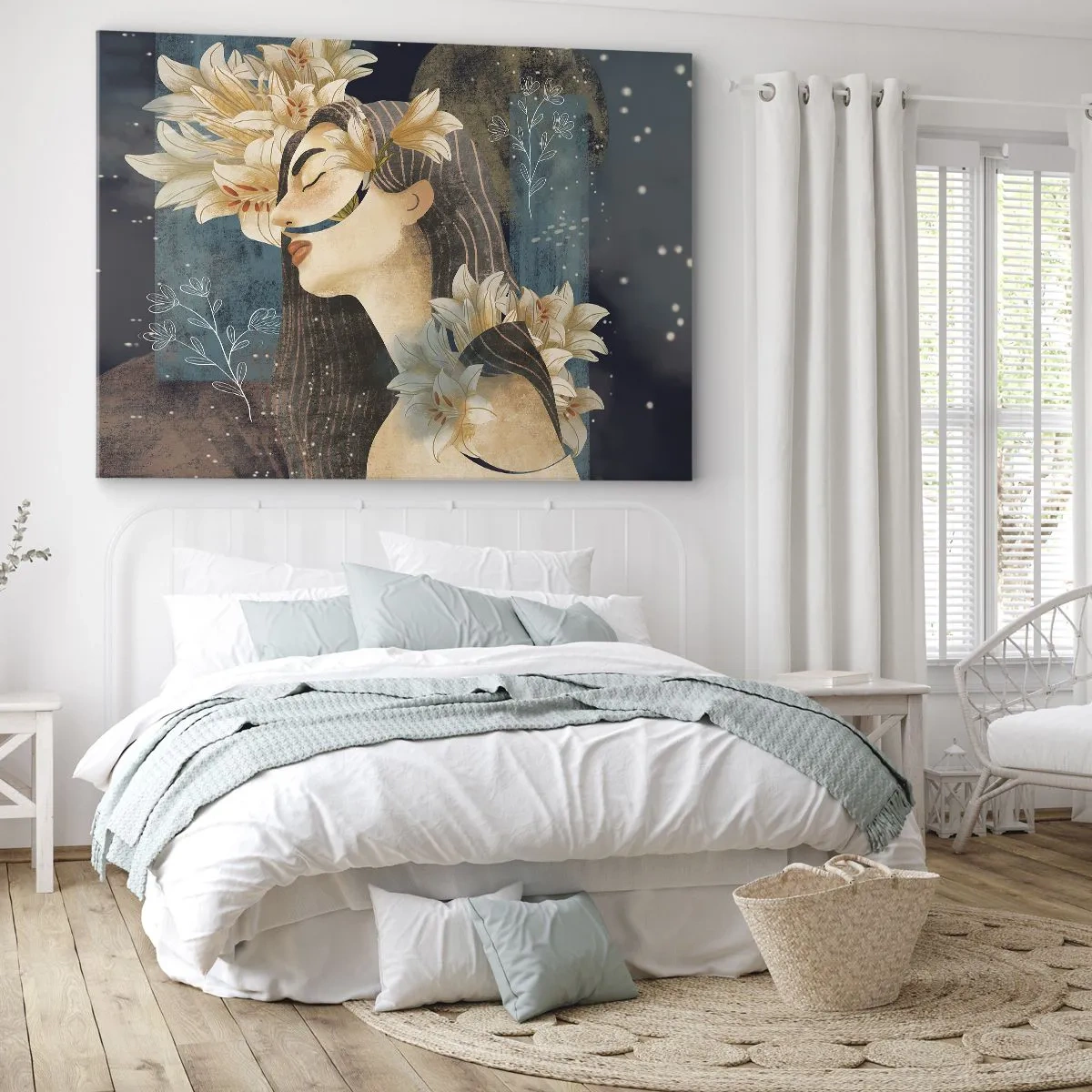 Bild auf Leinwand - Leinwandbild - Porträt einer Frau mit Blumen im künstlerischen Stil auf dunklem Hintergrund - 120x80cm - Ein Märchen über eine Prinzessin mit Lilien - Moderne Wanddekoration für Wohnzimmer und Schlafzimmer ARTTOR