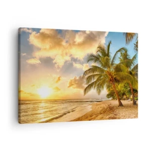 Bild auf Leinwand - Leinwandbild - Strand mit Palmen und einem Sonnenuntergang über dem Meer - 70x50cm - Ewiger Sommer, immer Urlaub - Moderne Wanddekoration für Wohnzimmer und Schlafzimmer ARTTOR