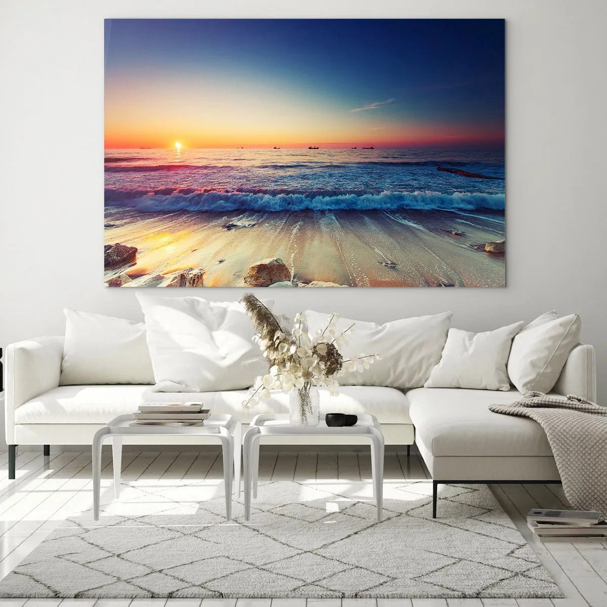 Glasbild - Bild auf glas - Sonnenuntergang über dem Strand mit sanften Wellen und ruhigem Meer - 70x50cm - Was ist mit dem Horizont? - Moderne Wanddekoration für Wohnzimmer und Schlafzimmer ARTTOR