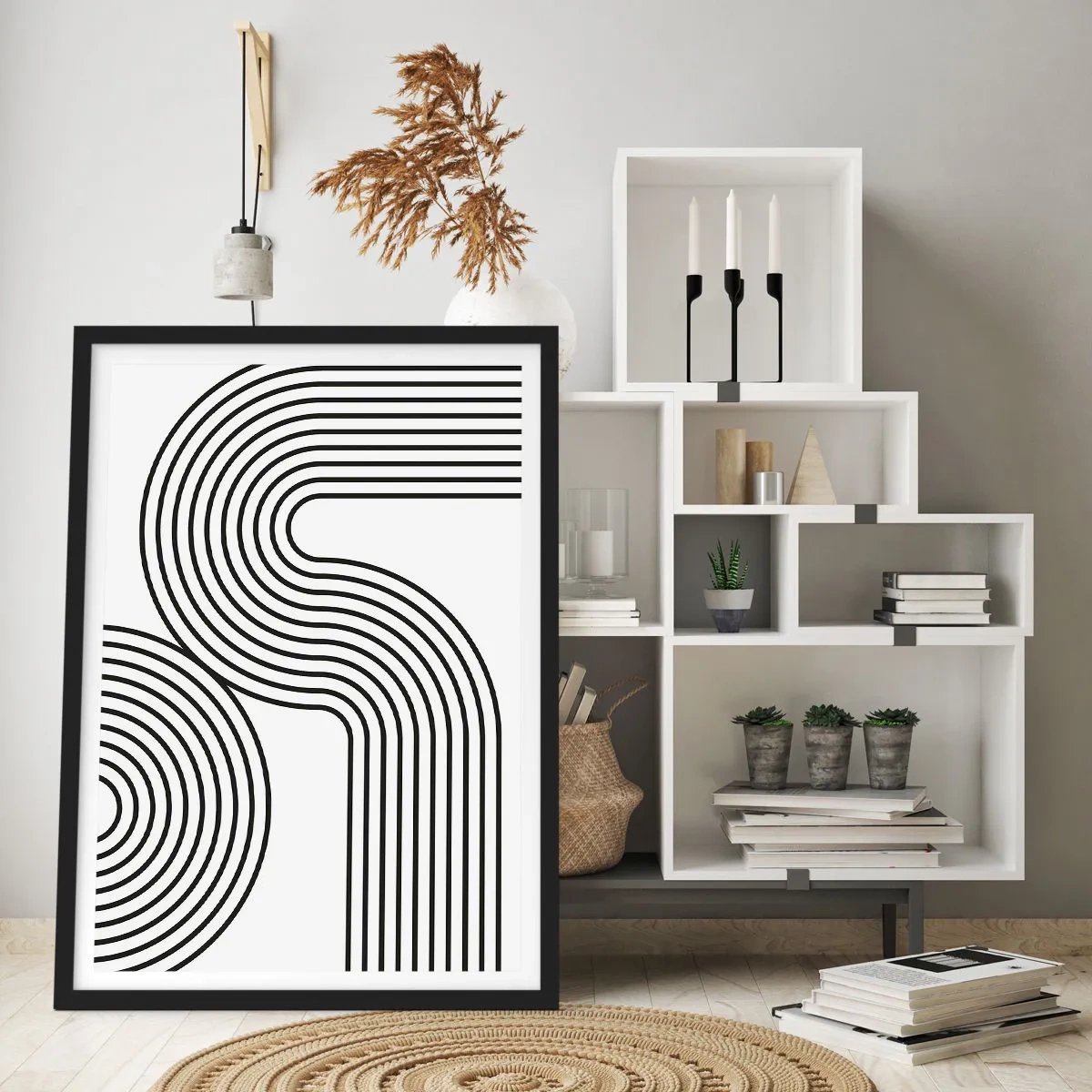 Poster in einem schwarzem Rahmen - Moderne Grafik mit abstrakten Linien in Schwarz-Weiß - 50x70cm - An der Kurve - Moderne Wanddekoration für Wohnzimmer und Schlafzimmer ARTTOR