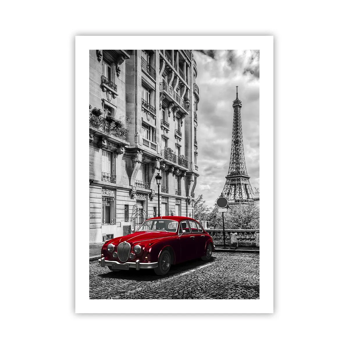 Poster - Ein rotes Auto mit dem Eiffelturm im Hintergrund - 50x70cm - Raubtier in der Stadt - Moderne Wanddekoration für Wohnzimmer und Schlafzimmer ARTTOR