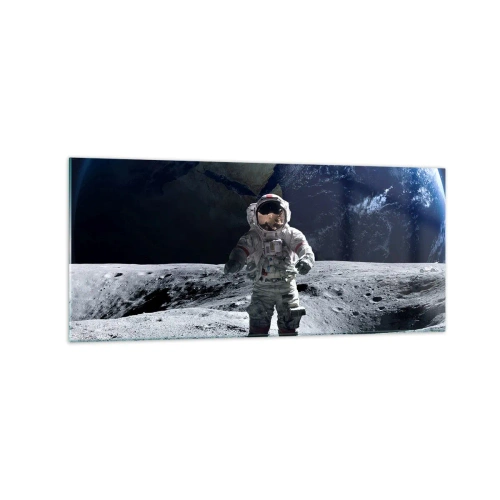 Glasbild - Bild auf glas - Astronaut auf der Mondoberfläche mit der Erde im Hintergrund - 120x50cm - Grüße vom Mond - Moderne Wanddekoration für Wohnzimmer und Schlafzimmer ARTTOR
