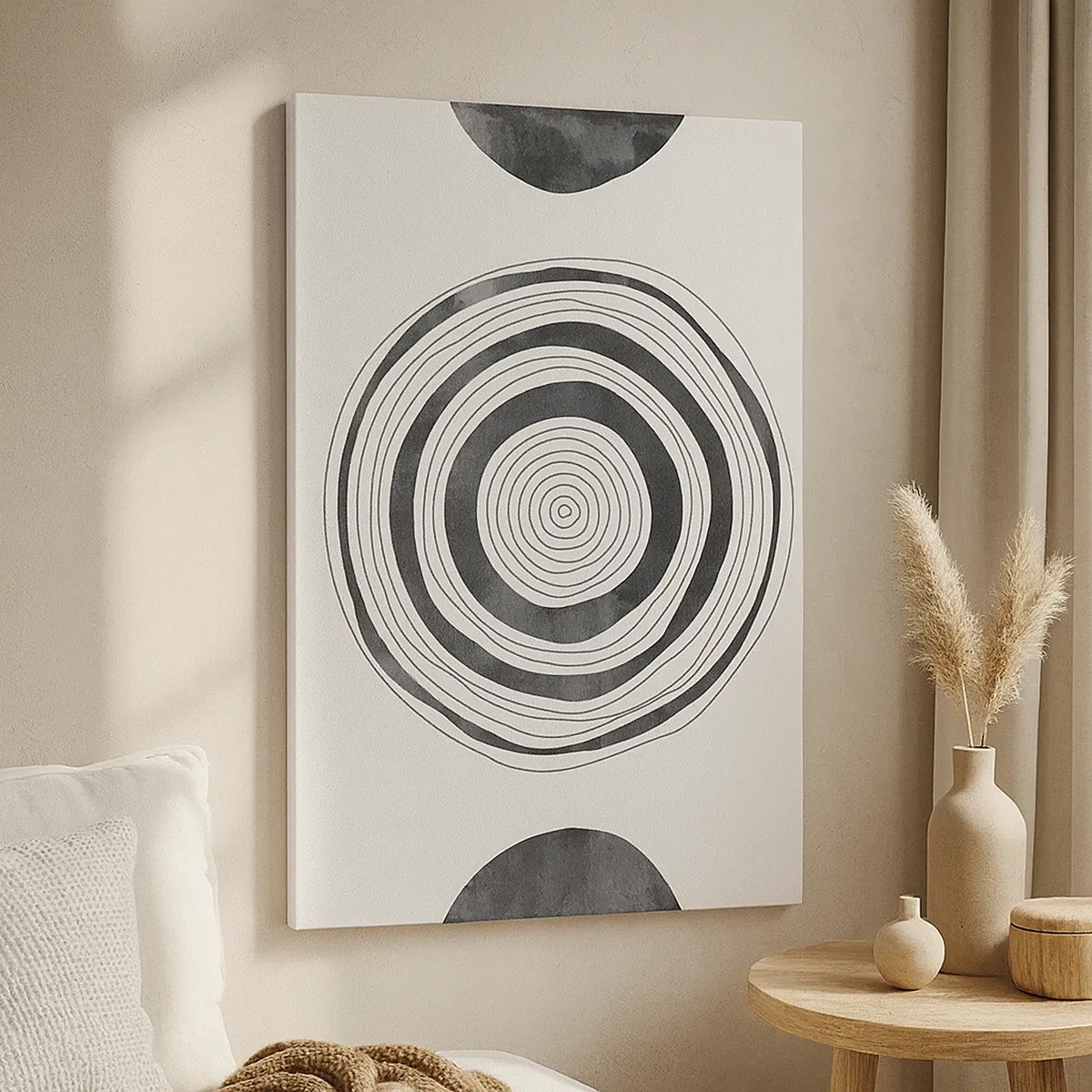 Bild auf Leinwand - Leinwandbild - Minimalistische schwarz-weiße Kreise auf hellem Hintergrund - 50x70cm - Wichtig ist, was dazwischen liegt - Moderne Wanddekoration für Wohnzimmer und Schlafzimmer ARTTOR