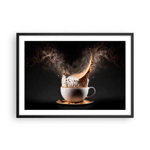 Poster in einem schwarzem Rahmen - Eine Tasse Kaffee mit einer dynamischen Flüssigkeitsexplosion auf schwarzem Hintergrund. - 70x50cm - Geschmacksexplosion - Moderne Wanddekoration für Wohnzimmer und Schlafzimmer ARTTOR