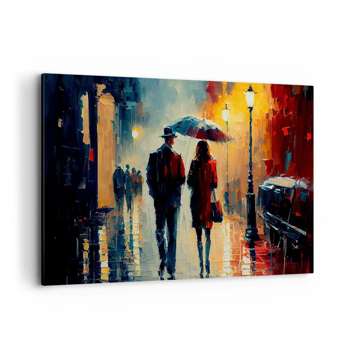 Bild auf Leinwand - Leinwandbild - Nachts im Regen unter einem Regenschirm in der Stadt spazieren gehen - 120x80cm - Urbane Liebesgeschichte - Moderne Wanddekoration für Wohnzimmer und Schlafzimmer ARTTOR
