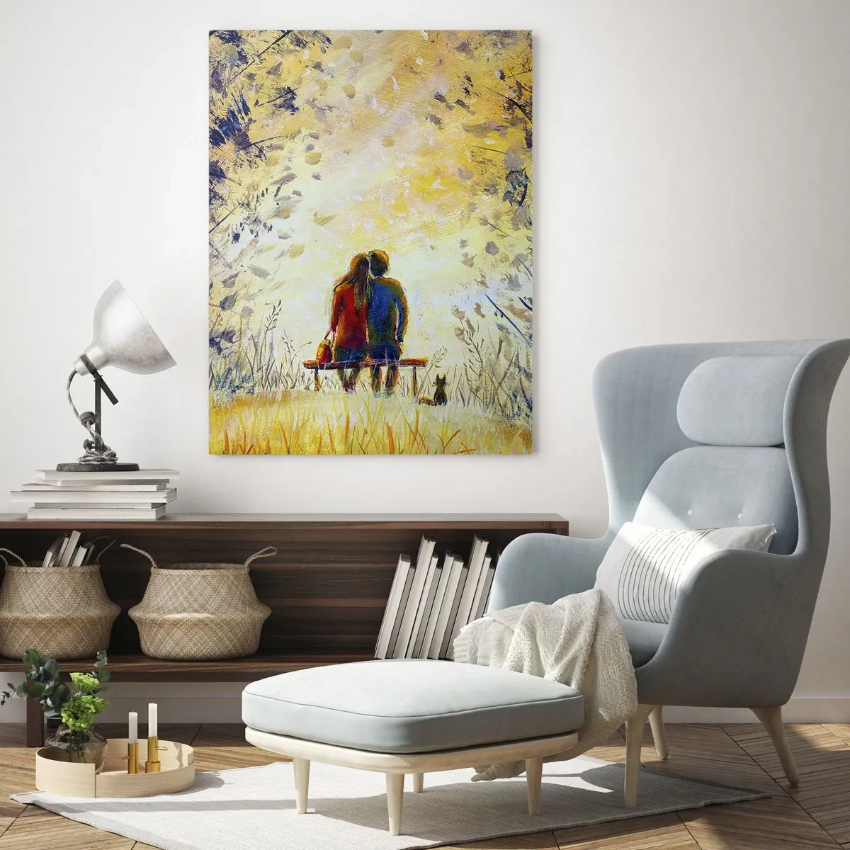 Glasbild - Bild auf glas - Ein Paar sitzt auf einer Bank zwischen herbstlichen Bäumen im Sonnenlicht - 80x120cm - Magischer Augenblick - Moderne Wanddekoration für Wohnzimmer und Schlafzimmer ARTTOR