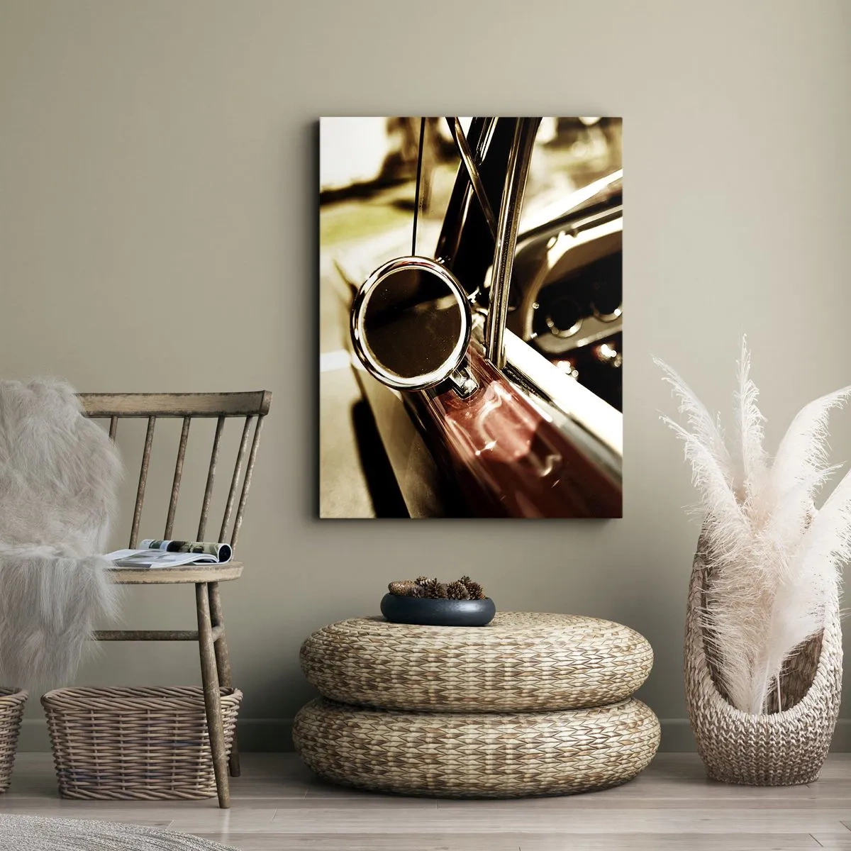 Bild auf Leinwand - Leinwandbild - Nahaufnahme des Spiegels und des Innenraums eines klassischen Retro-Autos - 80x120cm - Ein Auto mit Seele - Moderne Wanddekoration für Wohnzimmer und Schlafzimmer ARTTOR