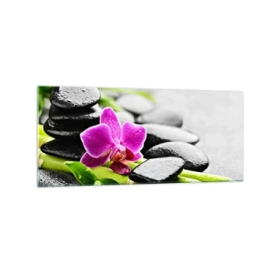 Glasbild - Bild auf glas - Lila Orchidee, schwarze Steine und Bambus in einer ruhigen Komposition - 120x50cm - In ruhiger Balance - Moderne Wanddekoration für Wohnzimmer und Schlafzimmer ARTTOR