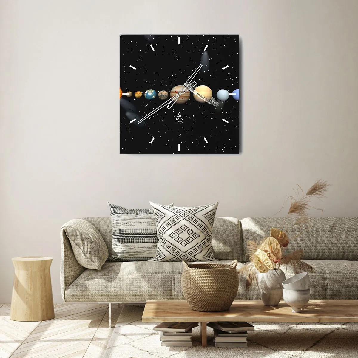 Wanduhr - Glasuhr - Das Sonnensystem mit Planeten vor dem Hintergrund der Sterne im Weltraum - 30x30cm - Und die Planeten werden verrückt und toben ... - Moderne Wanddekoration für Wohnzimmer und Schlafzimmer ARTTOR