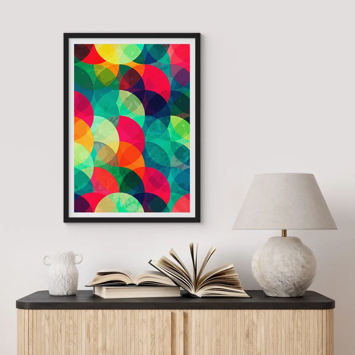 Poster in einem schwarzem Rahmen - Abstrakte, bunte Kreise, die sich überlappen - 50x70cm - Aufstieg zum Regenbogen - Moderne Wanddekoration für Wohnzimmer und Schlafzimmer ARTTOR