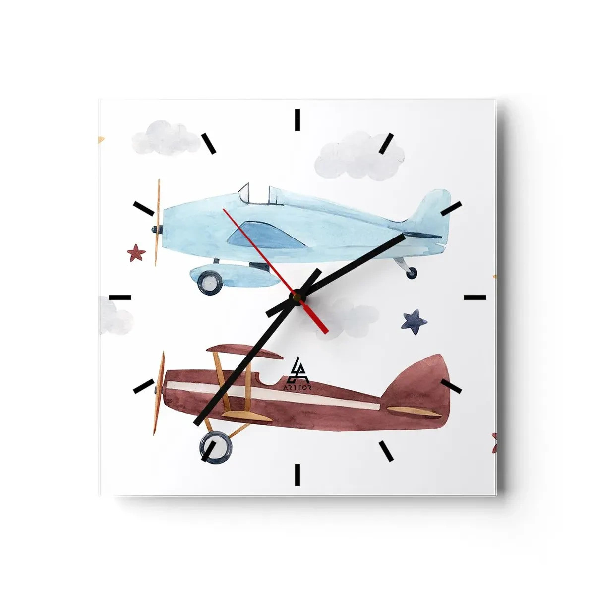 Wanduhr - Glasuhr - Handbemalte Flugzeuge vor einem Hintergrund aus Wolken und Sternen - 30x30cm - Wir warten, Herr Pilot! - Moderne Wanddekoration für Wohnzimmer und Schlafzimmer ARTTOR