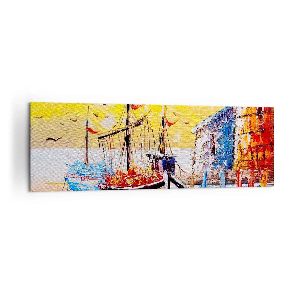 Bild auf Leinwand - Leinwandbild - Malerischer Hafen bei Sonnenuntergang mit Fischerbooten - 160x50cm - Glückliche Rückkehr - Moderne Wanddekoration für Wohnzimmer und Schlafzimmer ARTTOR