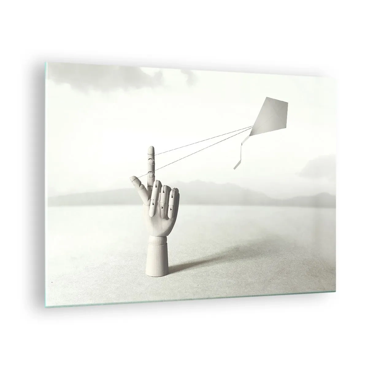 Glasbild - Bild auf glas - Eine Holzhand, die einen schwebenden Drachen auf dem Finger hält - 70x50cm - Kraftprobe - Moderne Wanddekoration für Wohnzimmer und Schlafzimmer ARTTOR
