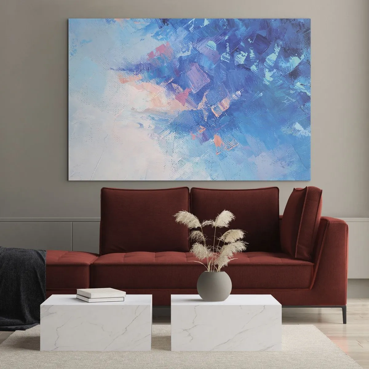 Glasbild - Bild auf glas - Abstrakte Winterlandschaft mit kühlen Blau- und zarten Rosatönen - 70x50cm - Winter-Abstraktion - Moderne Wanddekoration für Wohnzimmer und Schlafzimmer ARTTOR