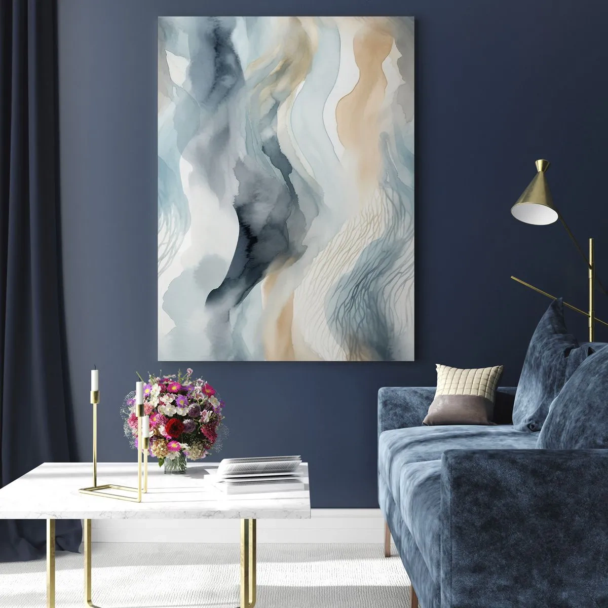 Glasbild - Bild auf glas - Eine zarte Abstraktion mit Bergmotiv in Pastelltönen. - 80x120cm - Verschneite und neblige Abstraktion - Moderne Wanddekoration für Wohnzimmer und Schlafzimmer ARTTOR