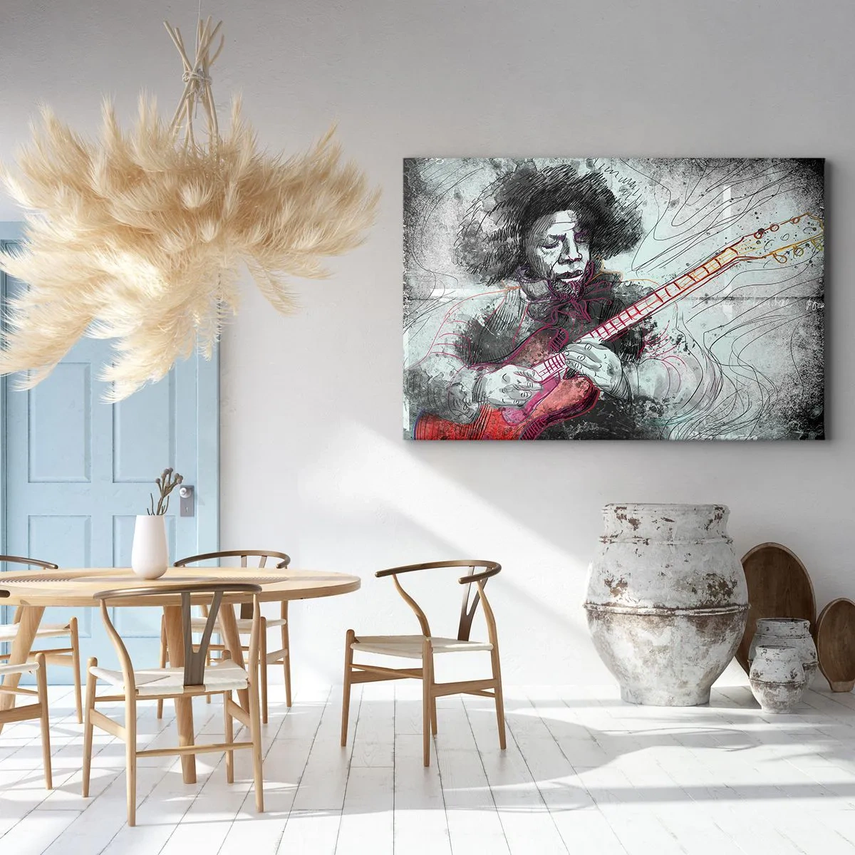 Bild auf Leinwand - Leinwandbild - Künstlerisches Portrait eines Gitarristen in der Skizzentechnik - 120x80cm - Auf den Wellen der Musik - Moderne Wanddekoration für Wohnzimmer und Schlafzimmer ARTTOR