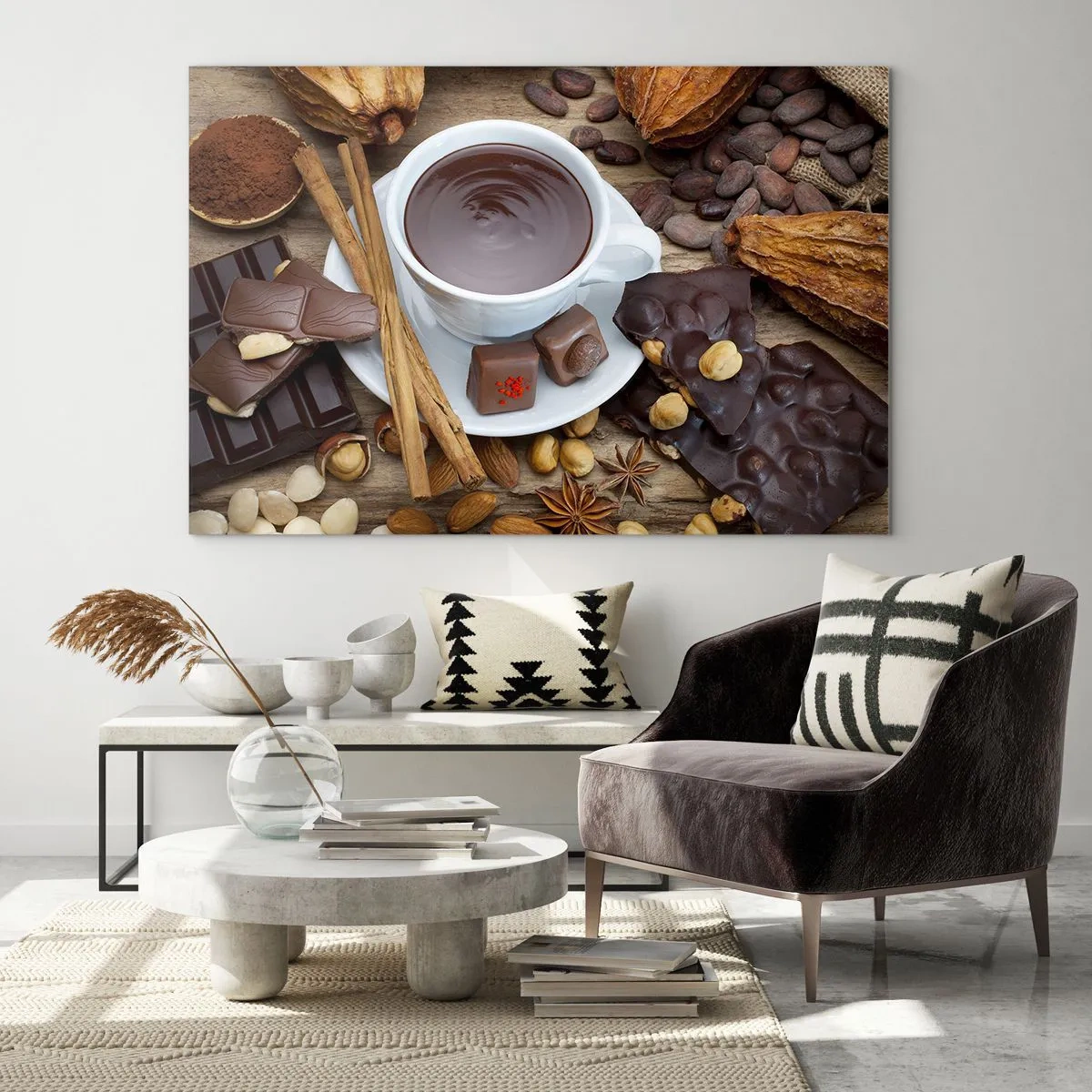 Glasbild - Bild auf glas - Eine Tasse heiße Schokolade mit Toppings auf rustikalem Hintergrund - 70x50cm - Aus einer märchenhaften Schokoladenfabrik - Moderne Wanddekoration für Wohnzimmer und Schlafzimmer ARTTOR