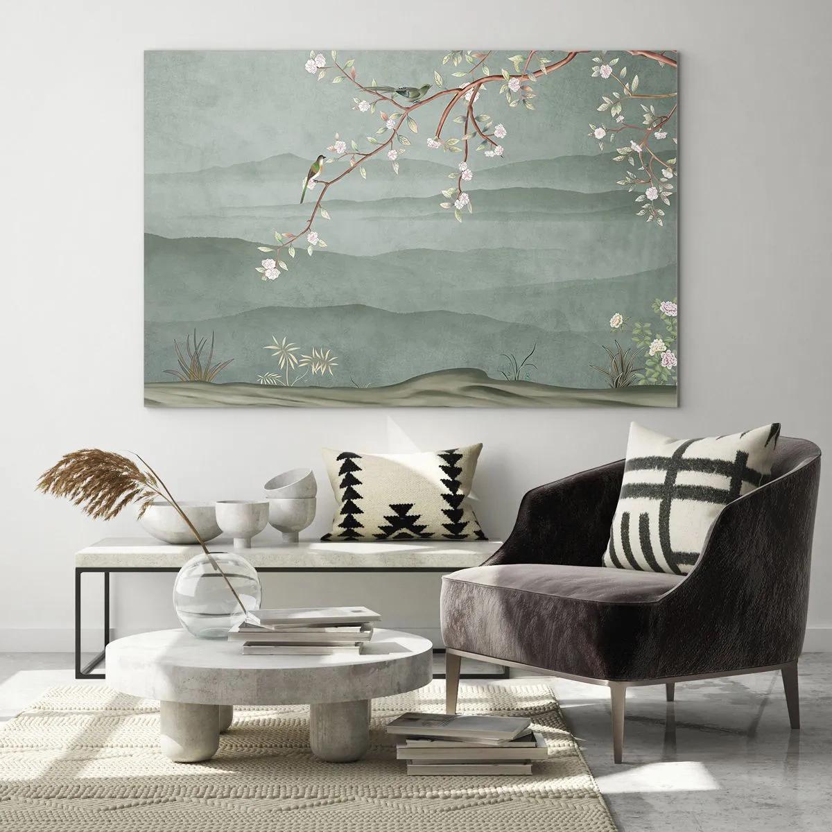 Glasbild - Bild auf glas - Ein Zweig mit Blumen und Vögeln vor dem Hintergrund grüner Hügel - 70x50cm - Frühling, oh, du bist es - Moderne Wanddekoration für Wohnzimmer und Schlafzimmer ARTTOR