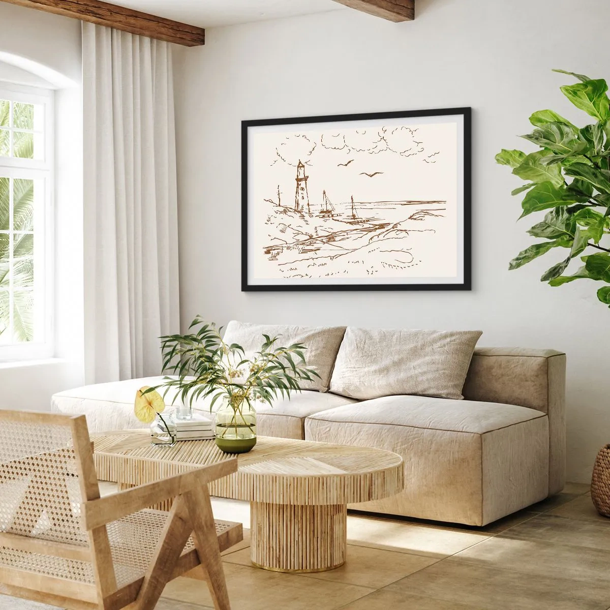 Poster in einem schwarzem Rahmen - Skizze eines Leuchtturms mit Blick auf das Meer - 70x50cm - Ein Überblick über die Erinnerungen an den Sommer - Moderne Wanddekoration für Wohnzimmer und Schlafzimmer ARTTOR