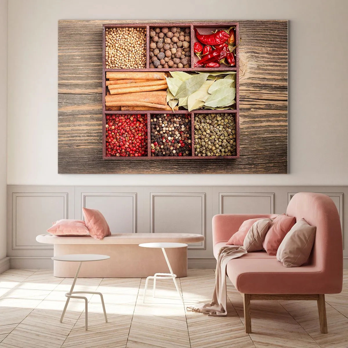 Glasbild - Bild auf glas - Bunte Gewürze in Holzfächern - 70x50cm - Ordnung der Formen, Bouquet von Aromen - Moderne Wanddekoration für Wohnzimmer und Schlafzimmer ARTTOR