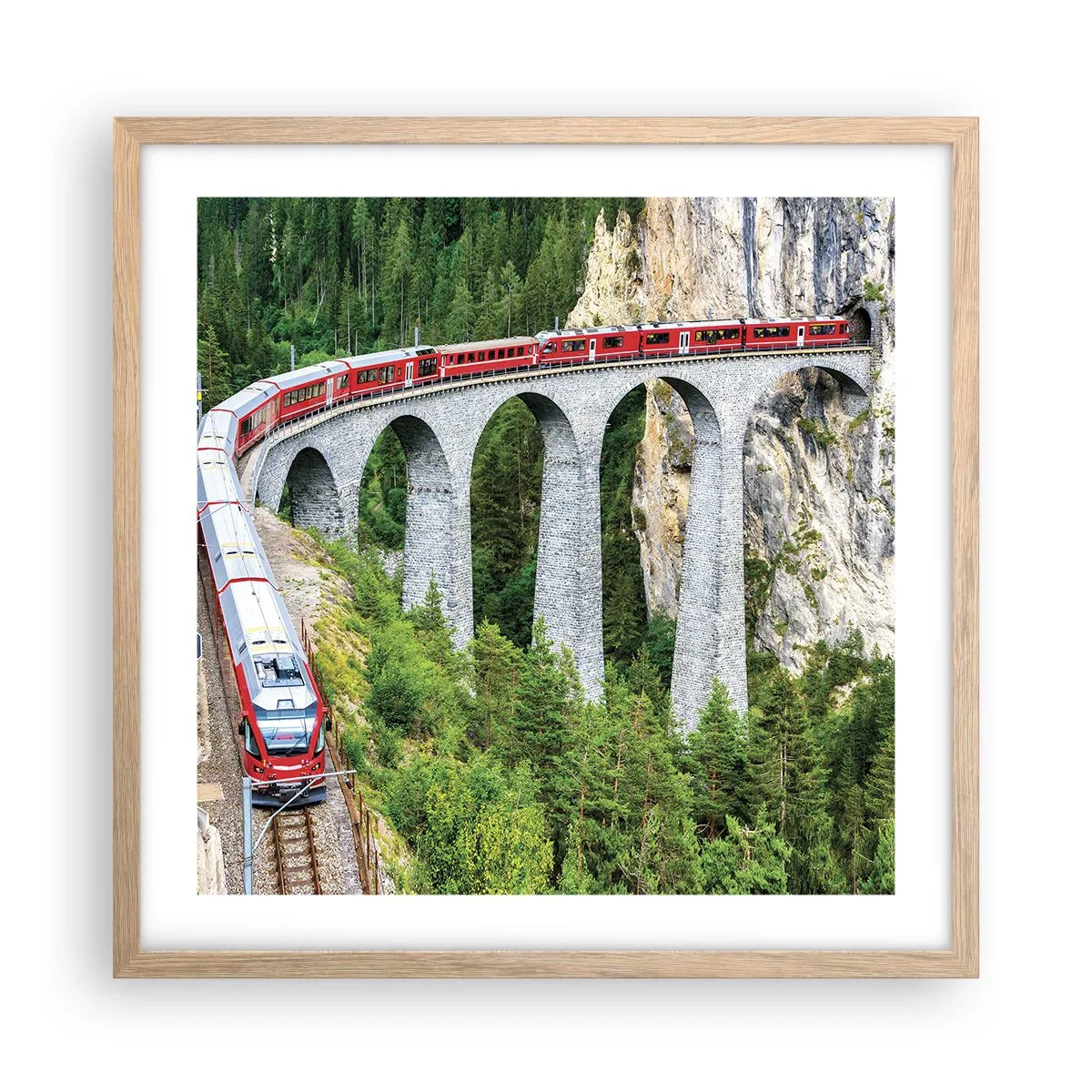 Poster in einem Rahmen aus heller Eiche - Eisenbahn für Bergblick - 50x50 cm
