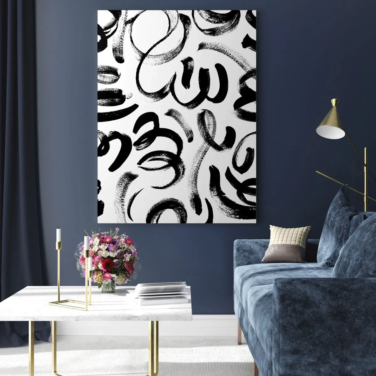 Glasbild - Bild auf glas - Schwarze abstrakte Pinselstriche auf weißem Hintergrund - 80x120cm - Schwarz auf Weiß - Moderne Wanddekoration für Wohnzimmer und Schlafzimmer ARTTOR