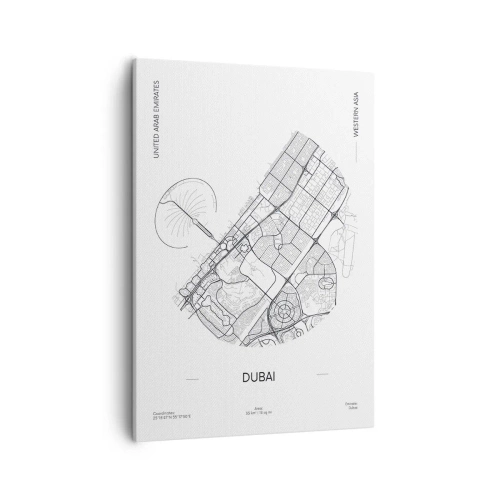 Bild auf Leinwand - Leinwandbild - Eine minimalistische Schwarzweißkarte von Dubai mit Standortmarkierungen. - 50x70cm - Anatomie von Dubai - Moderne Wanddekoration für Wohnzimmer und Schlafzimmer ARTTOR