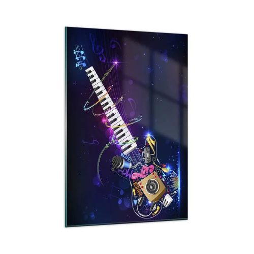 Glasbild - Bild auf glas - Eine bunte Gitarre mit Keyboard und Mikrofon auf dunklem Hintergrund. - 80x120cm - Und alles ist gut - Moderne Wanddekoration für Wohnzimmer und Schlafzimmer ARTTOR