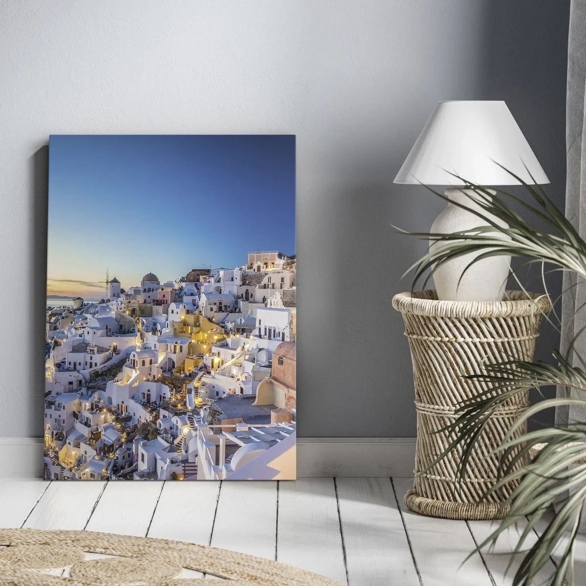 Bild auf Leinwand - Leinwandbild - Blick auf eine griechische Stadt bei Sonnenuntergang - 80x120cm - Die Essenz des Griechischen - Moderne Wanddekoration für Wohnzimmer und Schlafzimmer ARTTOR