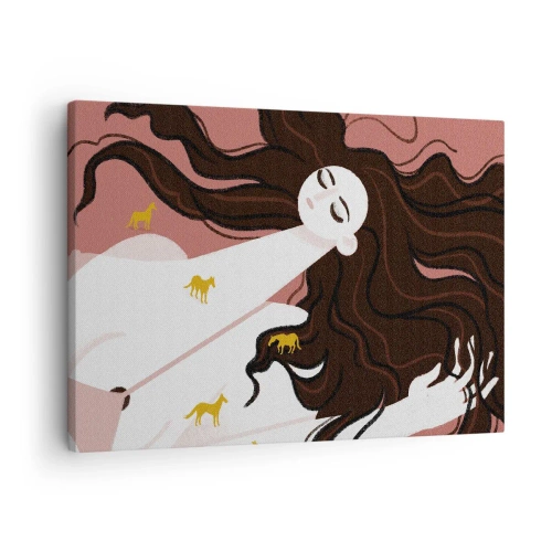 Bild auf Leinwand - Leinwandbild - Eine Figur mit geschlossenen Augen, umgeben von goldenen Pferden - 70x50cm - Traum von einem goldenen Pferd - Moderne Wanddekoration für Wohnzimmer und Schlafzimmer ARTTOR