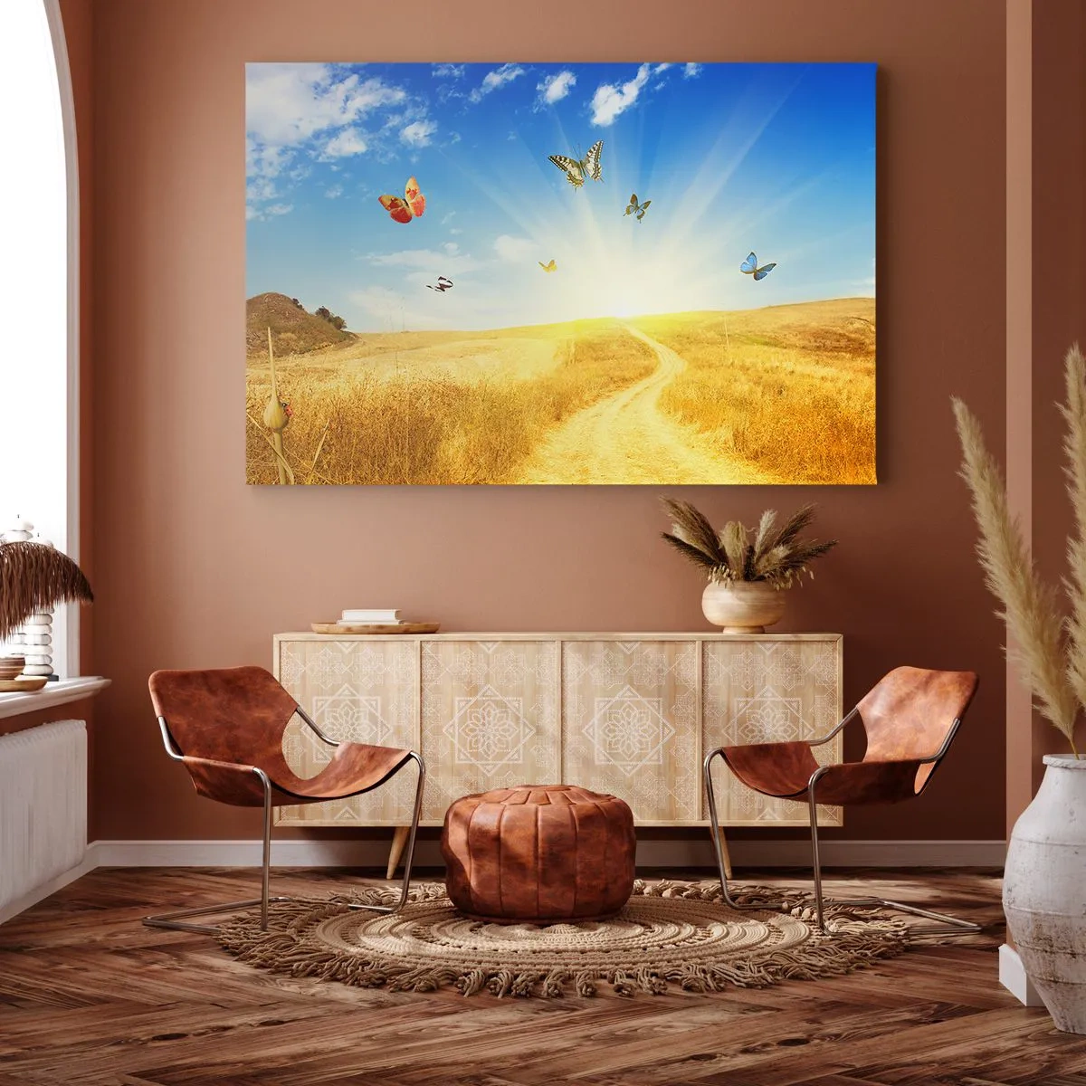 Bild auf Leinwand - Leinwandbild - Ein goldenes Feld, ein Pfad und Schmetterlinge vor einem blauen Himmel - 70x50cm - Und wie kann man den Sommer nicht lieben? - Moderne Wanddekoration für Wohnzimmer und Schlafzimmer ARTTOR