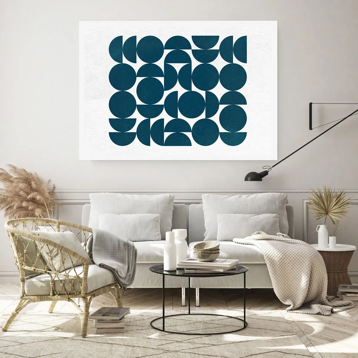 Poster - Geometrische Formen in Marineblautönen auf weißem Hintergrund - 100x70cm - Kreise und Halbkreise - Moderne Wanddekoration für Wohnzimmer und Schlafzimmer ARTTOR