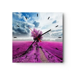 Wanduhr - Glasuhr - Ein einsamer Baum auf einem Feld in einem intensiven Rosaton - 30x30cm - Heide - Wildnis - Moderne Wanddekoration für Wohnzimmer und Schlafzimmer ARTTOR