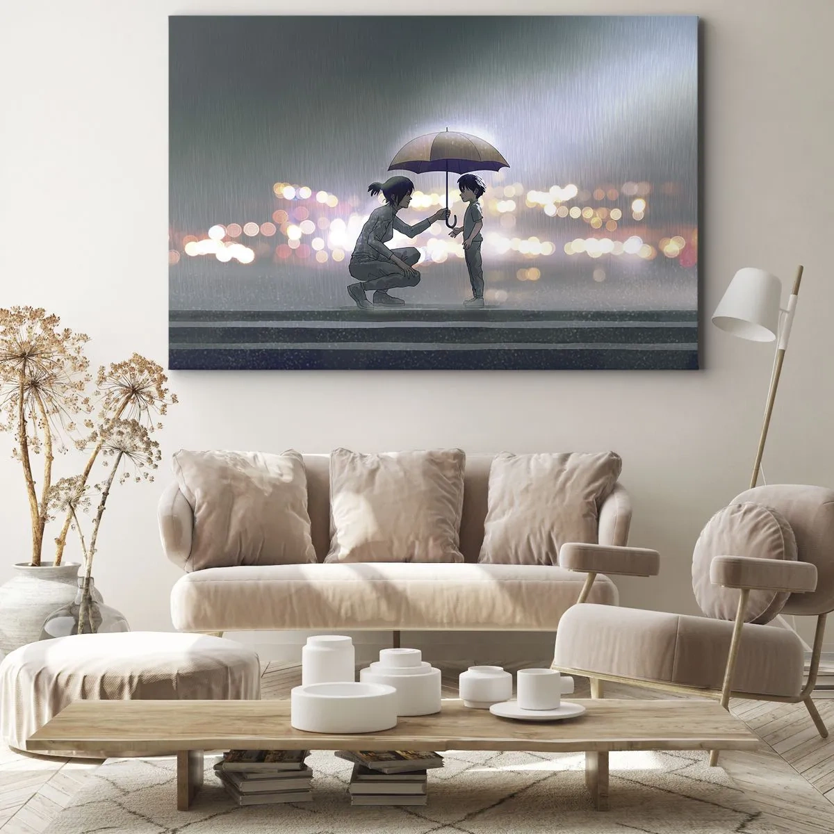 Bild auf Leinwand - Leinwandbild - Eine Figur mit einem Regenschirm schützt ein Kind vor dem Hintergrund nächtlicher Lichter. - 70x50cm - Und jetzt ist alles in Ordnung - Moderne Wanddekoration für Wohnzimmer und Schlafzimmer ARTTOR