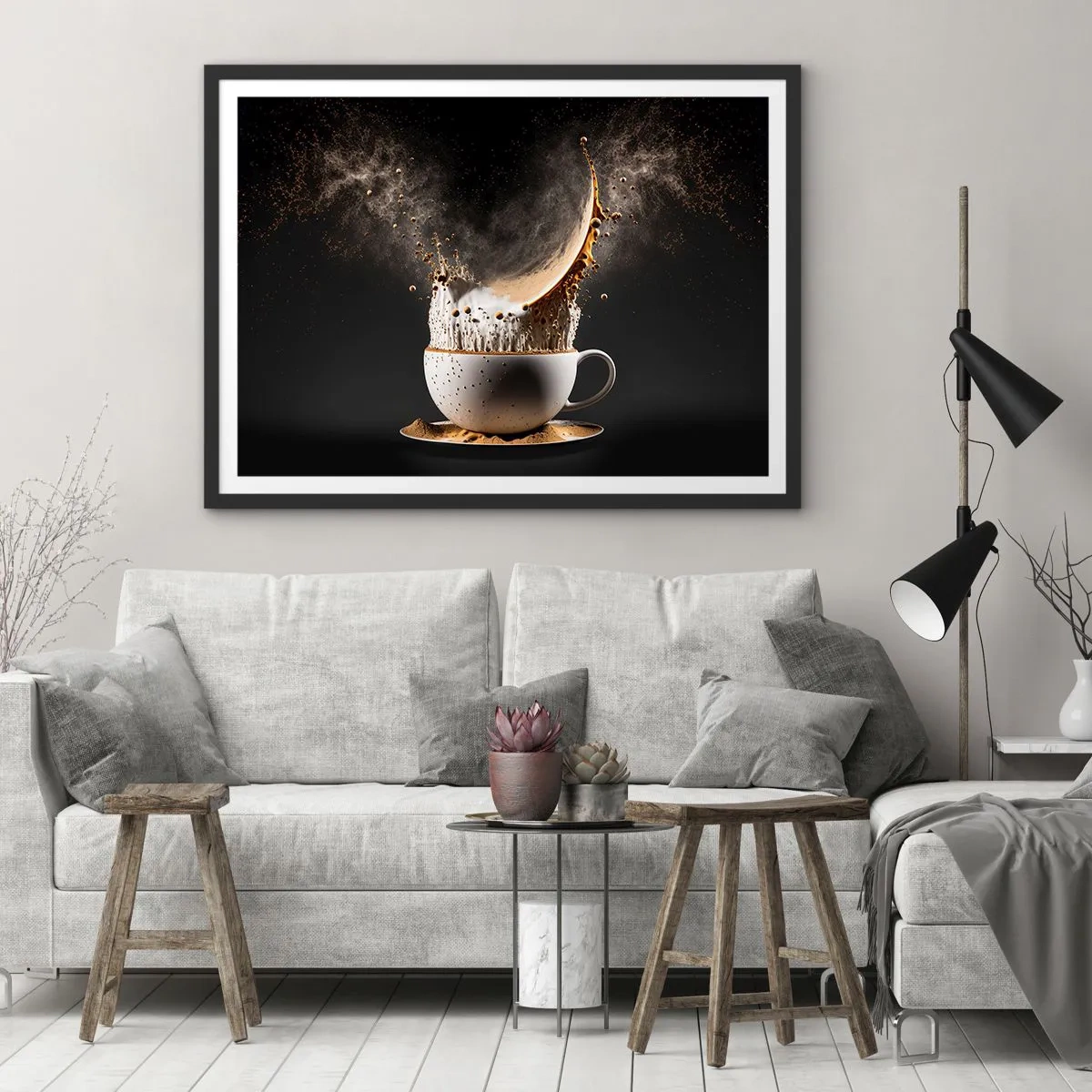 Poster in einem schwarzem Rahmen - Eine Tasse Kaffee mit einer dynamischen Flüssigkeitsexplosion auf schwarzem Hintergrund. - 70x50cm - Geschmacksexplosion - Moderne Wanddekoration für Wohnzimmer und Schlafzimmer ARTTOR