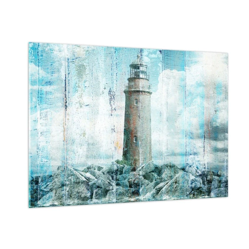 Glasbild - Bild auf glas - Vintage Leuchtturm mit Wolken im Hintergrund - 100x70cm - Auf altem Holz - Moderne Wanddekoration für Wohnzimmer und Schlafzimmer ARTTOR