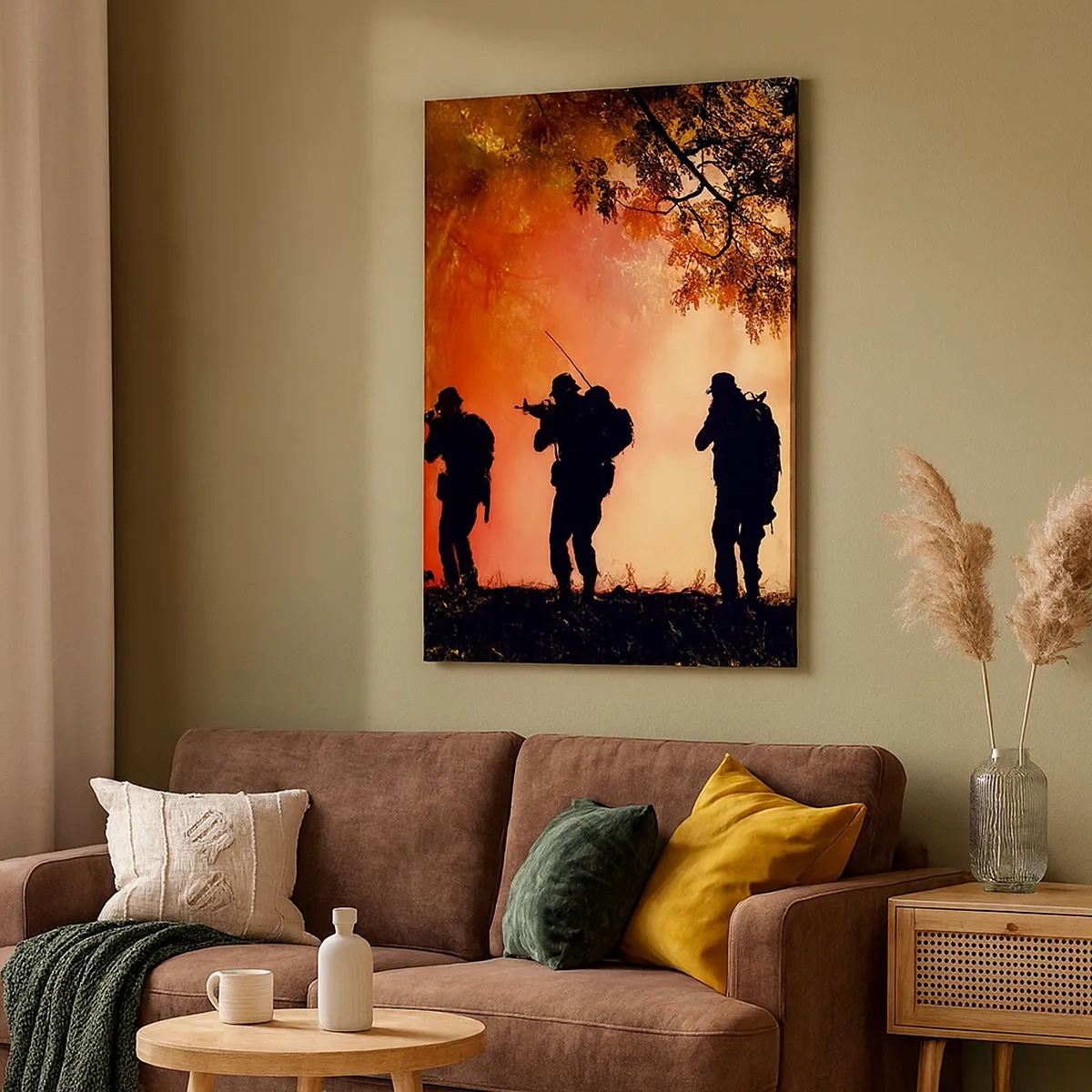 Bild auf Leinwand - Leinwandbild - Silhouetten von Soldaten im Wald vor dem orangefarbenen Himmel - 50x70cm - … Alle für einen. - Moderne Wanddekoration für Wohnzimmer und Schlafzimmer ARTTOR