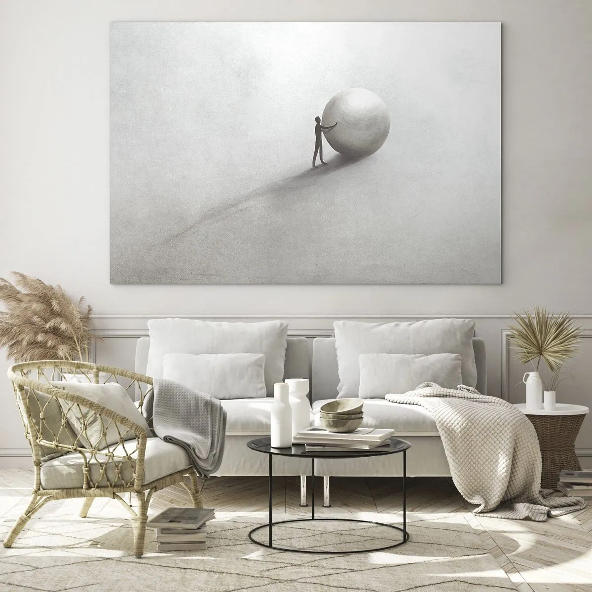 Glasbild - Bild auf glas - Eine minimalistische Silhouette eines Mannes mit einem großen Ball auf hellem Hintergrund. - 100x70cm - Das Spiel des Lebens - Moderne Wanddekoration für Wohnzimmer und Schlafzimmer ARTTOR