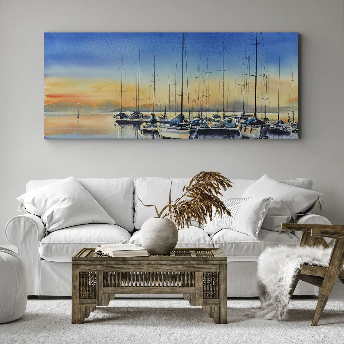 Bild auf Leinwand - Leinwandbild - Yachthafen bei Sonnenuntergang mit Spiegelungen auf dem Wasser - 160x50cm - Ende eines guten Tages - Moderne Wanddekoration für Wohnzimmer und Schlafzimmer ARTTOR