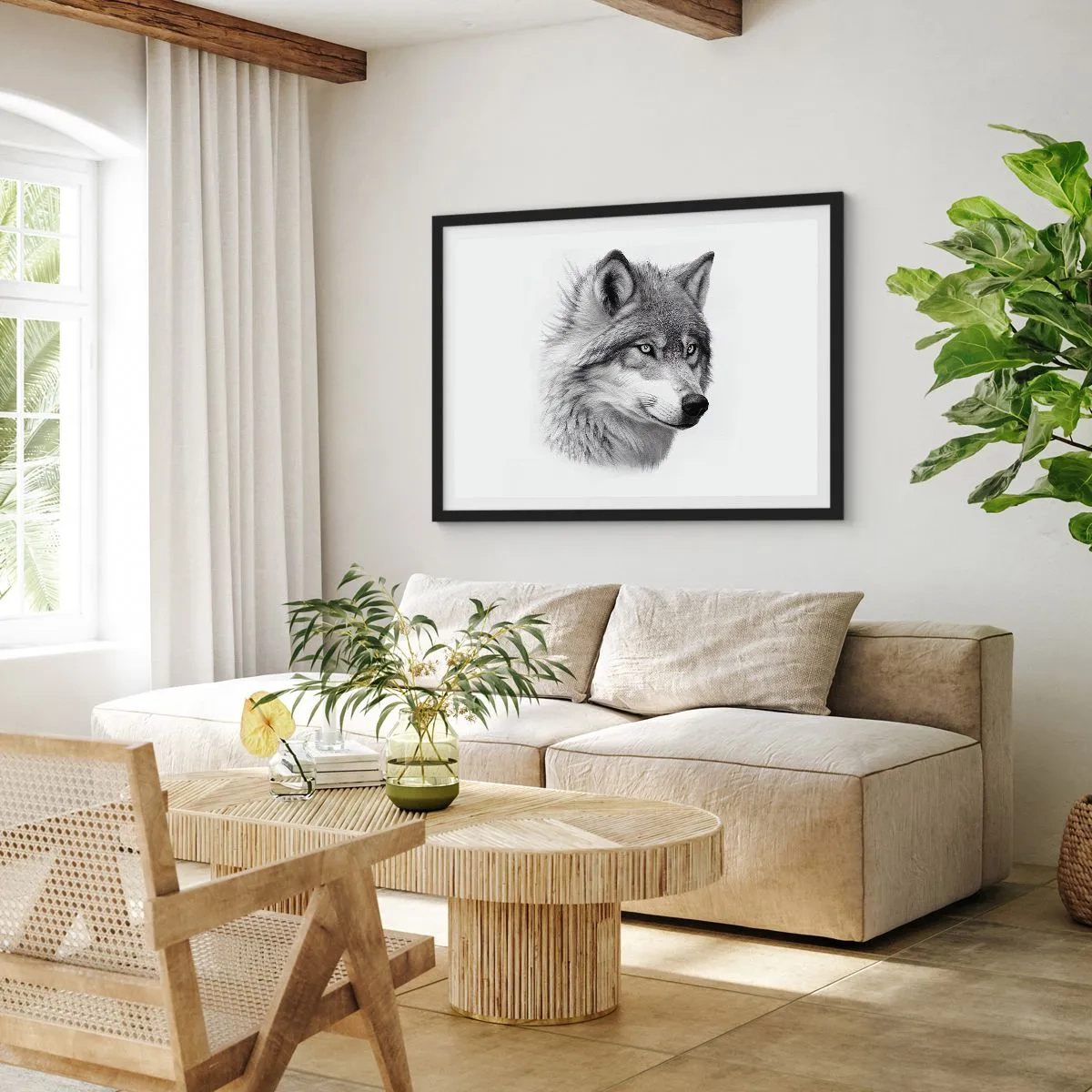 Poster in einem schwarzem Rahmen - Ein realistisches Porträt eines Wolfes in Grautönen. - 70x50cm - Alpha – ohne Zweifel - Moderne Wanddekoration für Wohnzimmer und Schlafzimmer ARTTOR