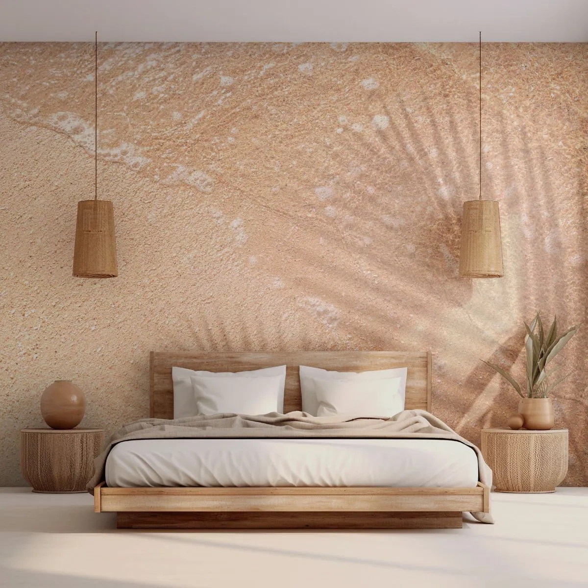 Fototapete Premium Canvas - Der Schatten einer Palme auf dem Sand mit einem zarten Wellenmuster - 100x70cm - Der Schatten eines heißen Sommers - Moderne Wanddekoration für Wohnzimmer und Schlafzimmer ARTTOR