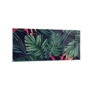 Glasbild - Bild auf glas - Tropische Blätter und Blüten auf dunklem Hintergrund - 120x50cm - Im Grünen in Flammen gehen - Moderne Wanddekoration für Wohnzimmer und Schlafzimmer ARTTOR